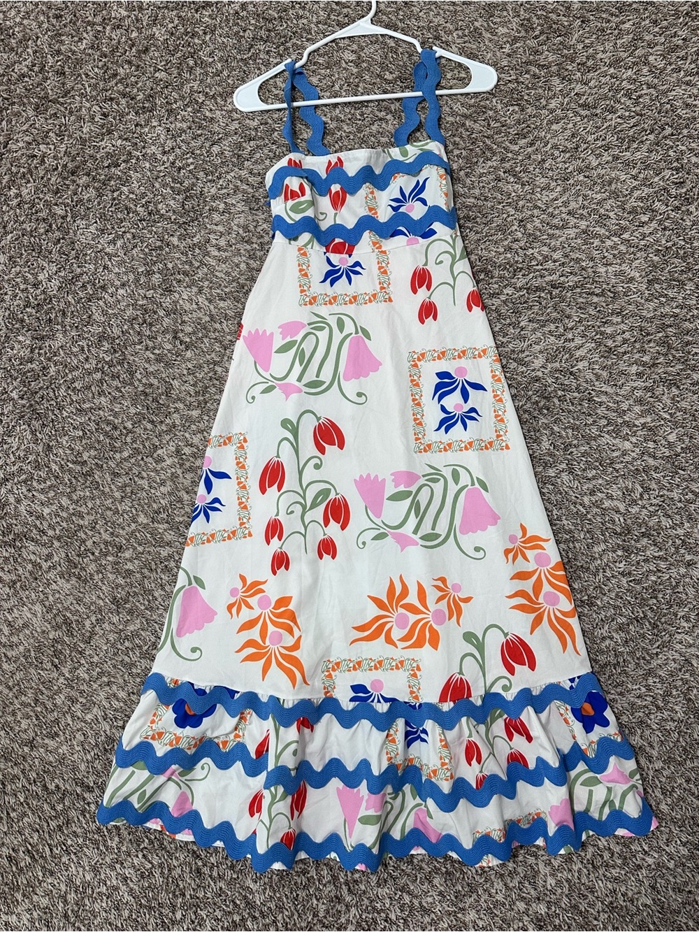 Sundayup women’s small Sundress with Blue Scalloped Trim and Floral Accents